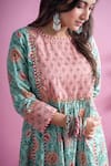 Pants and Pajamas_Blue Cotton Block Print Floral Pattern Round Serena Kurta And Pant Set _at_Aza_Fashions