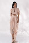 Buy_PIRI INDIA_Beige Organza Nirai Embellished Crop Top With Draped Skirt  _Online_at_Aza_Fashions