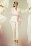 Sakshi Khetterpal_Ivory Chanderi Pearls, Beads, Embroidery Double Breasted Blazer Set _at_Aza_Fashions