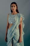 Buy_Aaryaa By Kashveen Kohli_Sky Blue Saree Organza Embroidered Ruffled Pre Draped With Embellished Blouse _Online_at_Aza_Fashions