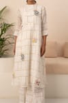 Shop_Arcvsh By Pallavi Singh_Ivory Linen Embroidery Round Neck Chequered Pattern Kurta With Pant _Online_at_Aza_Fashions