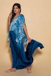 Ranng Label_Blue Soft Satin Tie And Dye V Neck Cape Style Gown _Online_at_Aza_Fashions