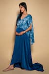 Shop_Ranng Label_Blue Soft Satin Tie And Dye V Neck Cape Style Gown _Online_at_Aza_Fashions