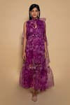 Ranng Label_Purple Organza Tie And Dye Tie-up Neck Sheer Dress _Online_at_Aza_Fashions