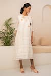 Arcvsh By Pallavi Singh_Ivory Linen Embroidery Round Neck Flower And Geometric Print Dress _Online_at_Aza_Fashions
