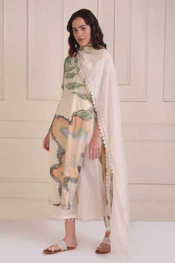 Buy_Shwetanga_Ivory Cotton Beads, Lace Round Neck Organic Printed Kurta Set _Online_at_Aza_Fashions