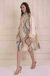 Shwetanga_Ivory Cotton Beads High Neck Abstract Print Draped Dress _Online_at_Aza_Fashions