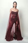 Buy_Rohit Gandhi + Rahul Khanna_Maroon Tulle Embroidery Zari Sweetheart Neck Axio Embellished Jumpsuit  _Online_at_Aza_Fashions