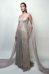 Rohit Gandhi + Rahul Khanna_Beige Tulle Crystals, Metallic Thread Sweetheart Neck Nave Gown _at_Aza_Fashions