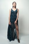 Shop_Rohit Gandhi + Rahul Khanna_Blue Tulle Beads, Sequins, Crystals One Shoulder Ada Off Gown _Online_at_Aza_Fashions