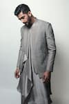 Shop_Rohit Gandhi + Rahul Khanna_Grey Silk Embroidery Metallic Beads Ashlar Jacket _Online_at_Aza_Fashions