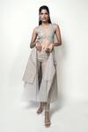 Rohit Gandhi + Rahul Khanna_Beige Tulle Embroidery V-neck Edith Cut-out Embellished Jacket _Online_at_Aza_Fashions