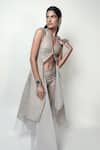 Buy_Rohit Gandhi + Rahul Khanna_Beige Tulle Embroidery V-neck Edith Cut-out Embellished Jacket _Online_at_Aza_Fashions