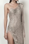 Rohit Gandhi + Rahul Khanna_Beige Tulle Embellished Metallic Sequins One Shoulder Prism High Slit Dress _Online_at_Aza_Fashions