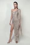 Shop_Rohit Gandhi + Rahul Khanna_Beige Tulle Embellished Metallic Sequins One Shoulder Prism High Slit Dress _Online_at_Aza_Fashions