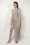 Rohit Gandhi + Rahul Khanna_Beige Tulle Embellished Metallic Sequins One Shoulder Prism High Slit Dress _at_Aza_Fashions