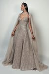 Buy Rohit Gandhi + Rahul Khanna Beige Tulle Crystals V-neck Spatial Metallic Gown With Cape Online at Aza Fashions Buy_Rohit Gandhi + Rahul Khanna_Beige Tulle Crystals V-neck Spatial Metallic Gown With Cape _Online_at_Aza_Fashions