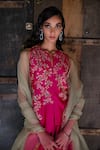 Buy_Shikha Mehta_Fuchsia Dupatta  Organza, Silk Chanderi Thread Notched Jacket Sharara Set _Online_at_Aza_Fashions