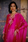 Buy_Shikha Mehta_Fuchsia Silk Chanderi Embroidered Thread V Neck Kaftan And Pant Set _Online_at_Aza_Fashions