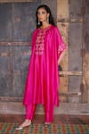 Buy_Shikha Mehta_Fuchsia Silk Chanderi Embroidered Thread High Neck Kaftan Tunic And Pyjama Set _Online_at_Aza_Fashions