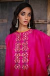 Shop_Shikha Mehta_Fuchsia Silk Chanderi Embroidered Thread High Neck Kaftan Tunic And Pyjama Set _Online_at_Aza_Fashions