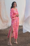 Kauza_Pink Viscose Satin Printed Abstract V Neck Alsu Kaftan Dress With Belt _Online_at_Aza_Fashions