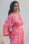 Buy_Kauza_Pink Viscose Satin Printed Abstract V Neck Alsu Kaftan Dress With Belt _Online_at_Aza_Fashions