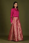 Soniya G_Fuchsia Brocade Silk Woven Floral Print Spread Collar Shirt And Flared Pant Set _Online_at_Aza_Fashions