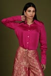 Buy_Soniya G_Fuchsia Brocade Silk Woven Floral Print Spread Collar Shirt And Flared Pant Set _Online_at_Aza_Fashions