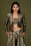 Shop_Soniya G_Black Brocade Silk Woven Floral Print Jacket Lapel Cropped And Flared Pant Set _Online_at_Aza_Fashions