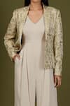 Shop_Soniya G_Gold Brocade Silk Woven Floral Print V Neck Jacket And Jumpsuit Set _Online_at_Aza_Fashions