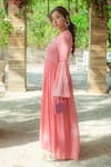 MONK & MEI BY SONIA ANAND_Peach Georgette Embroidered Chikankari Round Flared Jumpsuit _Online_at_Aza_Fashions