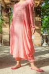 Buy_Monk & Mei_Peach Georgette Embroidered Chikankari Square Neck Side Cowl Dress _Online_at_Aza_Fashions