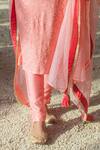 MONK & MEI BY SONIA ANAND_Peach Georgette Embroidered Sequin V Neck Kurta Set _at_Aza_Fashions