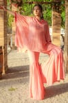 Monk & Mei_Peach Georgette Embroidered Chikankari V Neck Kaftan And Sharara Set _Online_at_Aza_Fashions