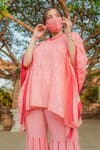 Monk & Mei_Peach Georgette Embroidered Chikankari V Neck Kaftan And Sharara Set _at_Aza_Fashions