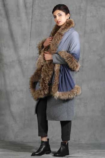Dusala_Grey Handwoven Cashmere Fine Wool Fur Bordered Stole _Online_at_Aza_Fashions