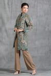 Dusala_Green Pashmina Thread Band Collar Paisley Pattern Long Jacket_Online_at_Aza_Fashions