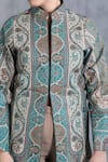 Buy_Dusala_Green Pashmina Thread Band Collar Paisley Pattern Long Jacket_Online_at_Aza_Fashions