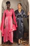 Buy_House Of Fett_Pink Satin And Lurex V Neck Attached Drape Gown With Quilted Belt _Online_at_Aza_Fashions