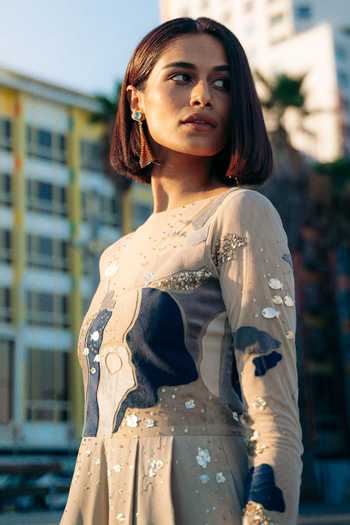 Buy_Sahil Kochhar_Beige Crepe Embroidered Patchwork Straight Dameer Jumpsuit  _Online_at_Aza_Fashions