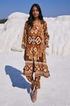 Dash and Dot_Brown 100% Tencel Print Aztec Collared Neck Long Top With Pant  _Online_at_Aza_Fashions