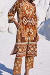 Dash and Dot_Brown 100% Tencel Print Aztec Collared Neck Long Top With Pant  _at_Aza_Fashions