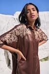 Dash And Dot_Brown Tencel Embroidery Shawl Neck Floral Longline Tunic Set _at_Aza_Fashions