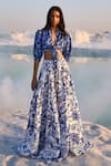 Dash and Dot_Blue 100% Polyester Print Porcelain Band Collar Top And Skirt Set  _Online_at_Aza_Fashions