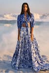 Buy_Dash and Dot_Blue 100% Polyester Print Porcelain Band Collar Top And Skirt Set  _Online_at_Aza_Fashions