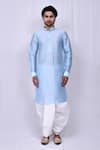 Shop_Arihant Rai Sinha_Blue Art Silk Band Collar Kurta And Dhoti Pant Set _Online_at_Aza_Fashions