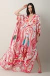 Buy Limerick By Abirr N' Nanki Multi Color Crepe Plunge Neck Danya Paisley And Peacock Print Kaftan Buy_Limerick By Abirr N' Nanki_Multi Color Crepe Plunge Neck Danya Paisley And Peacock Print Kaftan