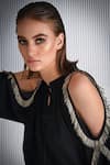 Shop Rohit Gandhi + Rahul Khanna Black Polyester, Crepe Tassels Bandeau Neck Cold Shoulder Detail Top Online at Aza Fashions Shop_Rohit Gandhi + Rahul Khanna_Black Polyester, Crepe Tassels Bandeau Neck Cold Shoulder Detail Top _Online_at_Aza_Fashions