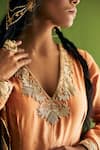 Esha Arora_Orange Silk Chanderi Embroidery Floral V Neck Pleated Anarkali Set _at_Aza_Fashions